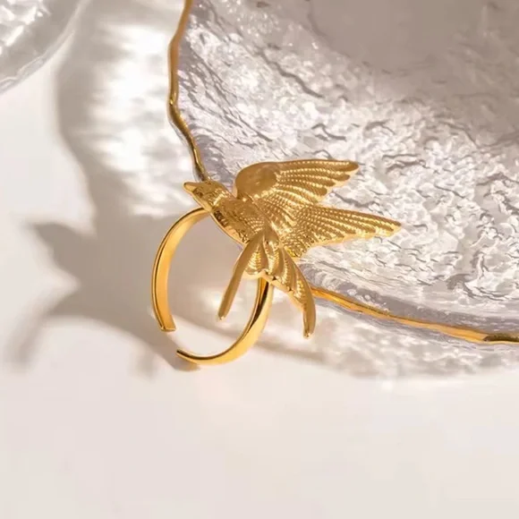 Swallow Peace Bird 18k Gold Stainless Steel Ring, Earrings, Necklace Set - Picture 17 of 17